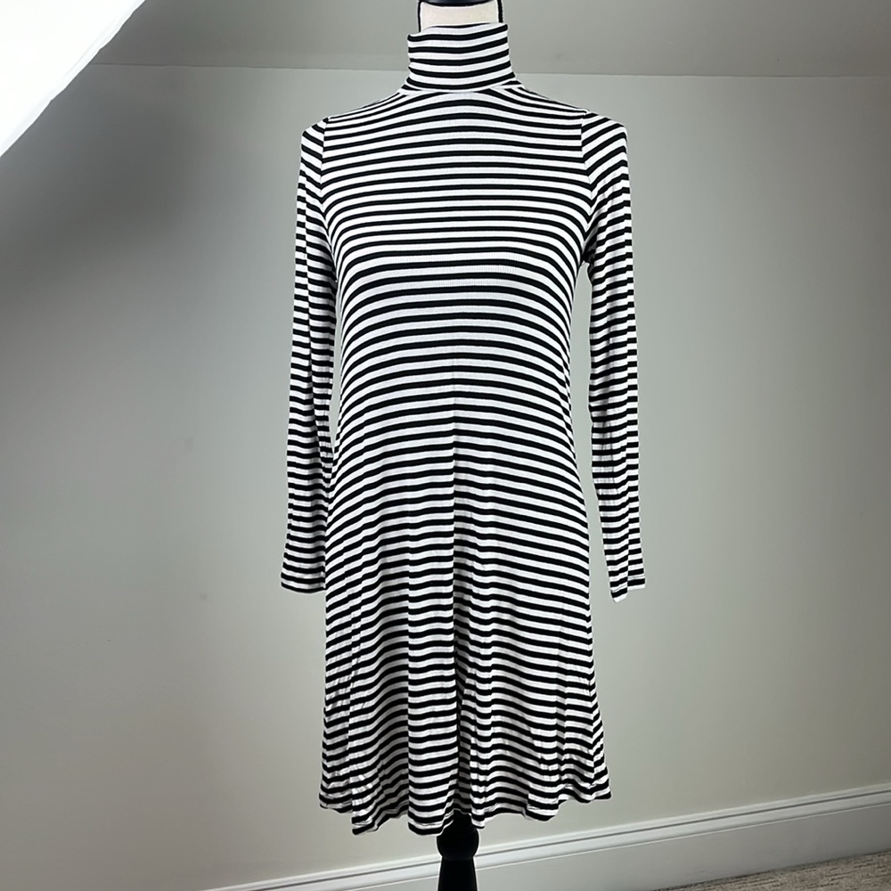 GAP Striped Swing Dress Women’s XSP Black White Turtleneck Long Sleeve
